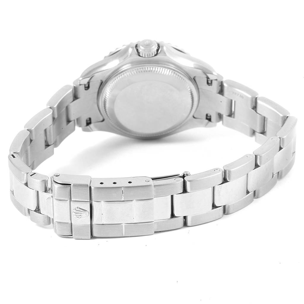 This image shows the back of a Rolex Yacht-Master 169622 Women's Stainless Steel Silver Dial 169622 Women's Stainless Steel Silver Dial watch, featuring its case back, crown, and metal bracelet with the clasp.
