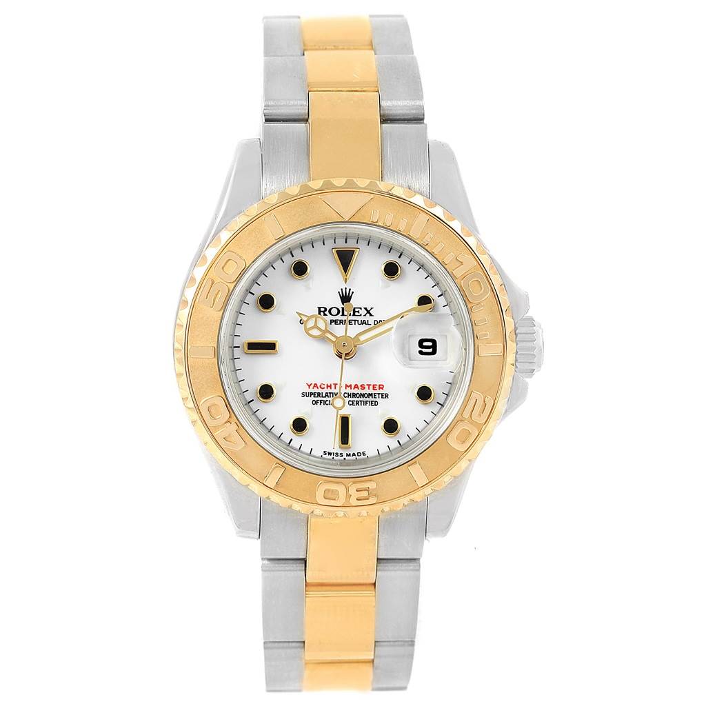 This image shows a front view of a Rolex Yacht-Master 169623 Women
s Steel and Gold (two tone) White Dial 169623 Women
s Steel and Gold (two tone) White Dial watch, highlighting its dial, bezel, and two-tone bracelet.