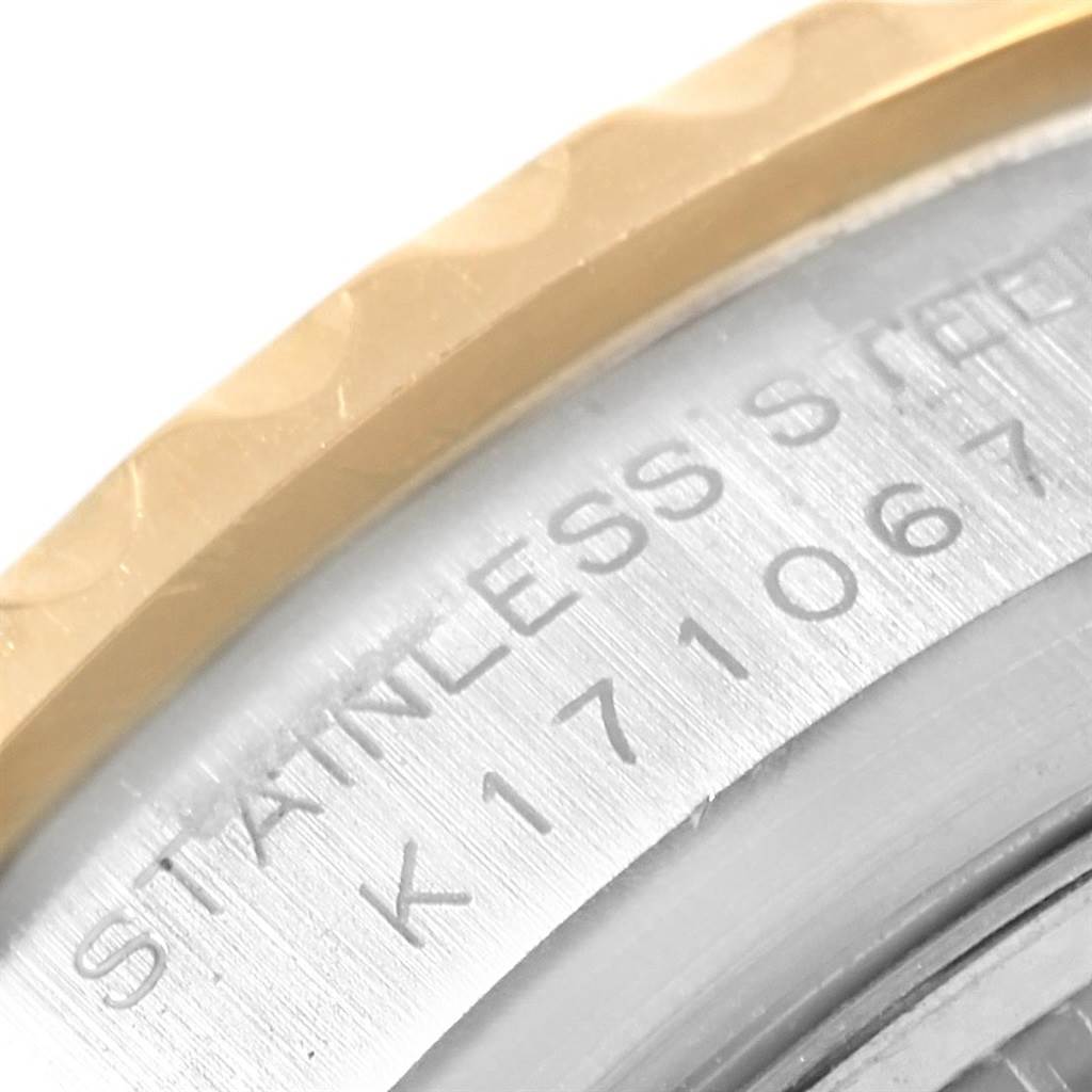 This image shows a close-up of the engraved stainless steel case and bezel of a Rolex Yacht-Master 169623 Women
s Steel and Gold (two tone) White Dial 169623 Women
s Steel and Gold (two tone) White Dial watch.
