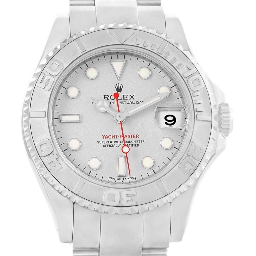 This image shows a frontal view of the Rolex Yacht-Master 168622 Stainless Steel Silver Dial 168622 Stainless Steel Silver Dial, highlighting its dial, bezel, and bracelet.