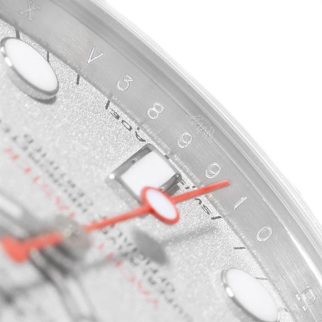 This close-up angle shows the dial and red hand of a Rolex Yacht-Master 168622 Stainless Steel Silver Dial 168622 Stainless Steel Silver Dial watch, highlighting the numerals and markers.