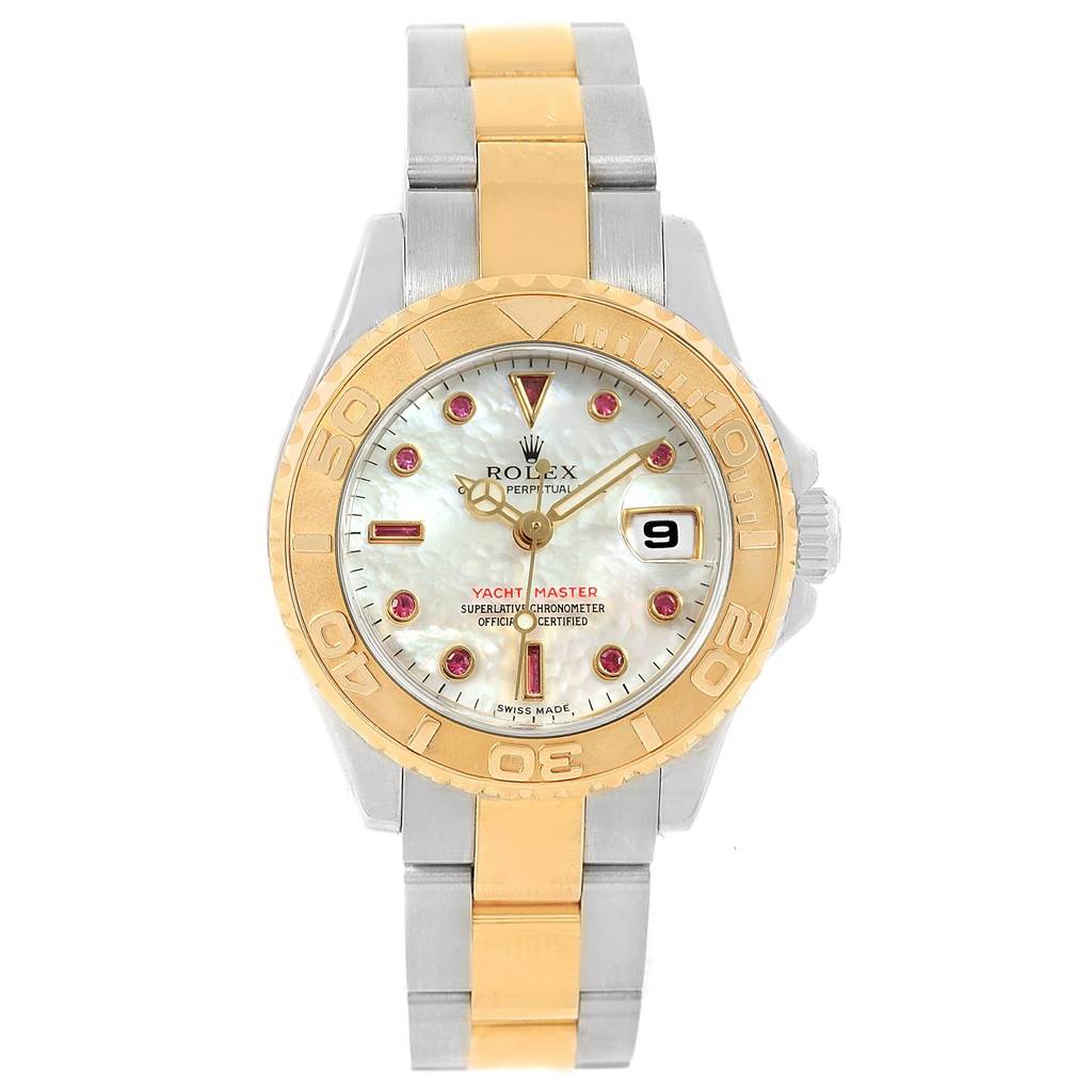 The image shows a front view of the Rolex Yacht-Master 169623 Women's Steel and Gold (two tone) Mother of Pearl Dial 169623 Women's Steel and Gold (two tone) Mother of Pearl Dial watch, highlighting its bezel, dial, and bracelet.