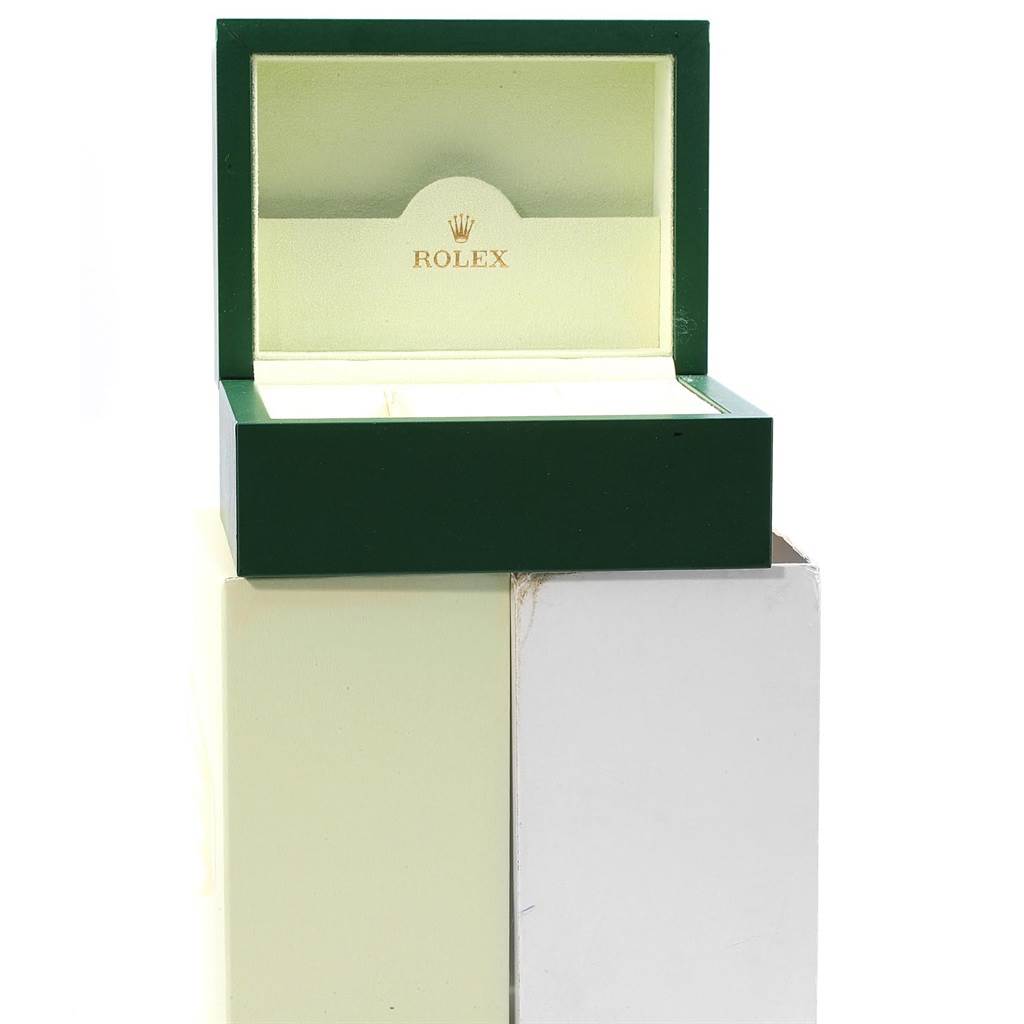 The image shows an open Rolex watch box from the Yacht-Master model, viewed from the front angle.