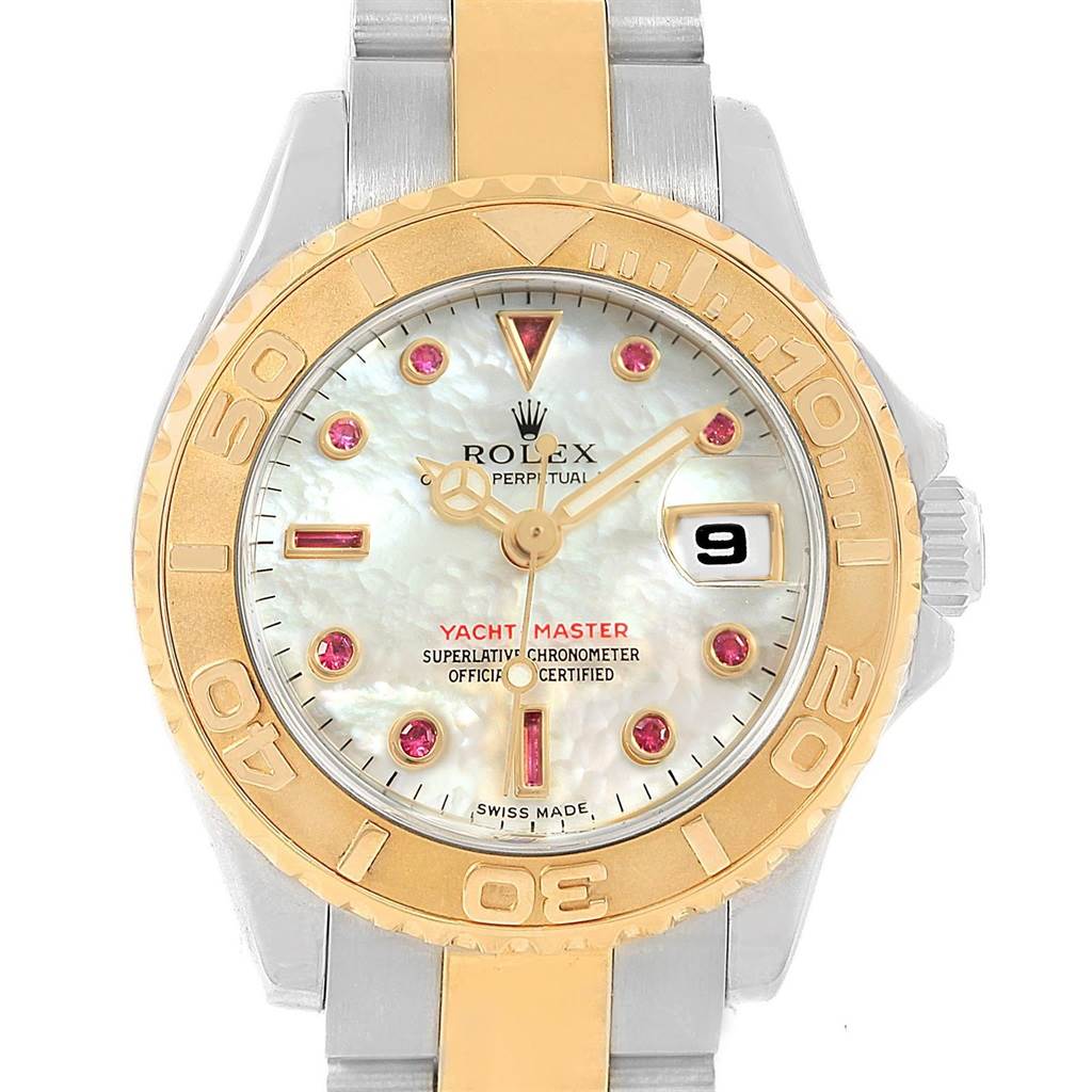 This image shows a frontal view of the Rolex Yacht-Master 169623 Women's Steel and Gold (two tone) Mother of Pearl Dial 169623 Women's Steel and Gold (two tone) Mother of Pearl Dial watch, highlighting the face, dial, hands, bezel, and bracelet.