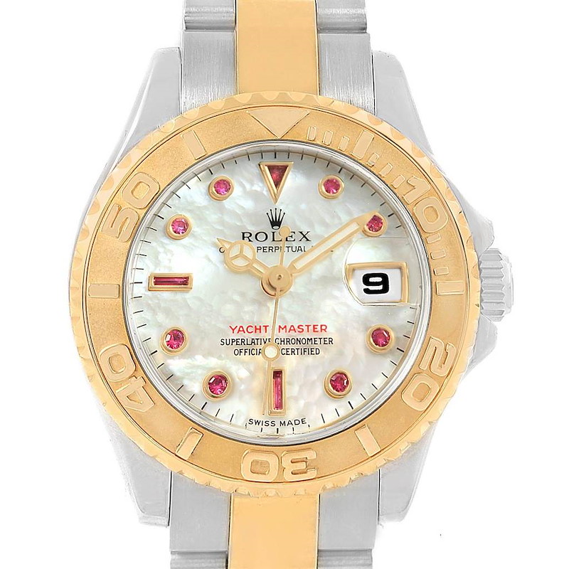 Rolex Yachtmaster 29 Yellow Gold Steel MOP Ruby Ladies Watch 169623 SwissWatchExpo