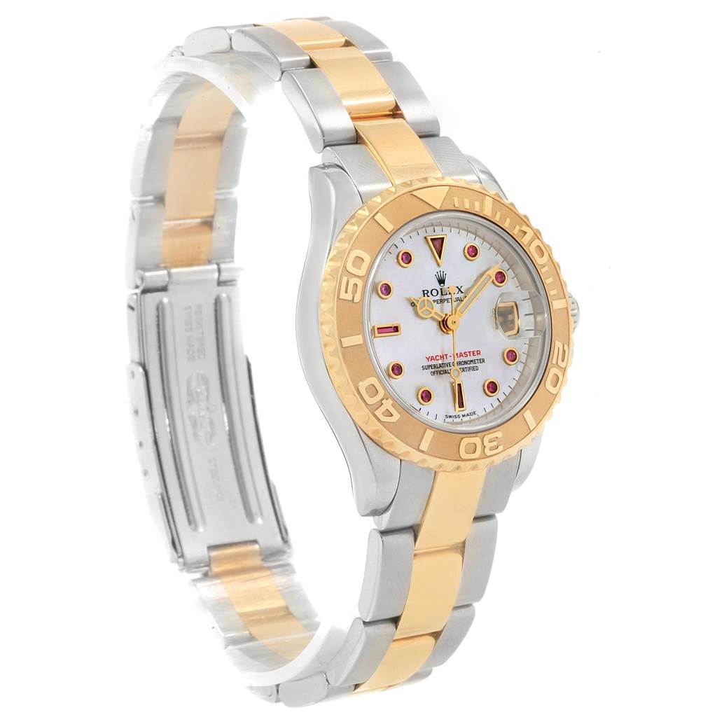 The image shows a side view of a Rolex Yacht-Master 169623 Women's Steel and Gold (two tone) Mother of Pearl Dial 169623 Women's Steel and Gold (two tone) Mother of Pearl Dial watch, highlighting its two-tone bracelet and front face with bezel.