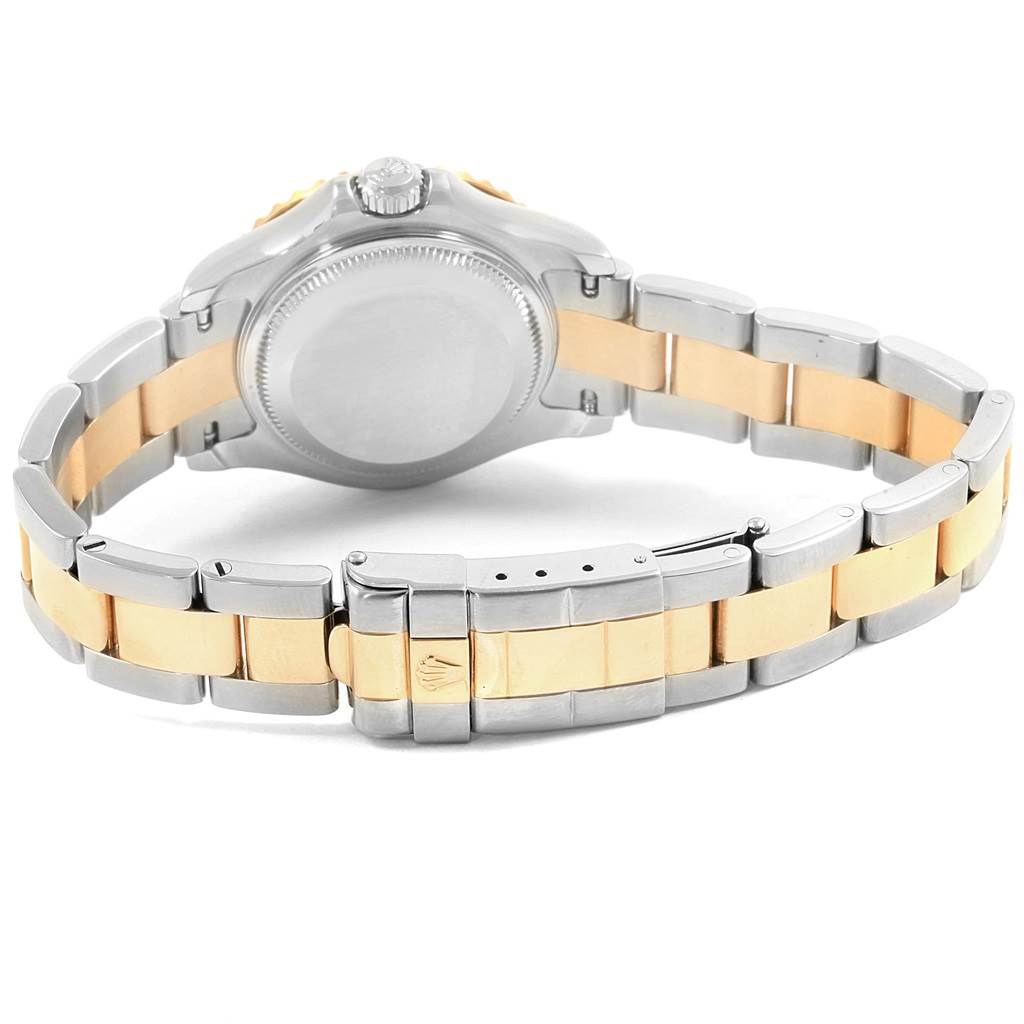 The image shows the back view of the Rolex Yacht-Master 169623 Women's Steel and Gold (two tone) Mother of Pearl Dial 169623 Women's Steel and Gold (two tone) Mother of Pearl Dial watch, focusing on the case back and the bracelet clasp.