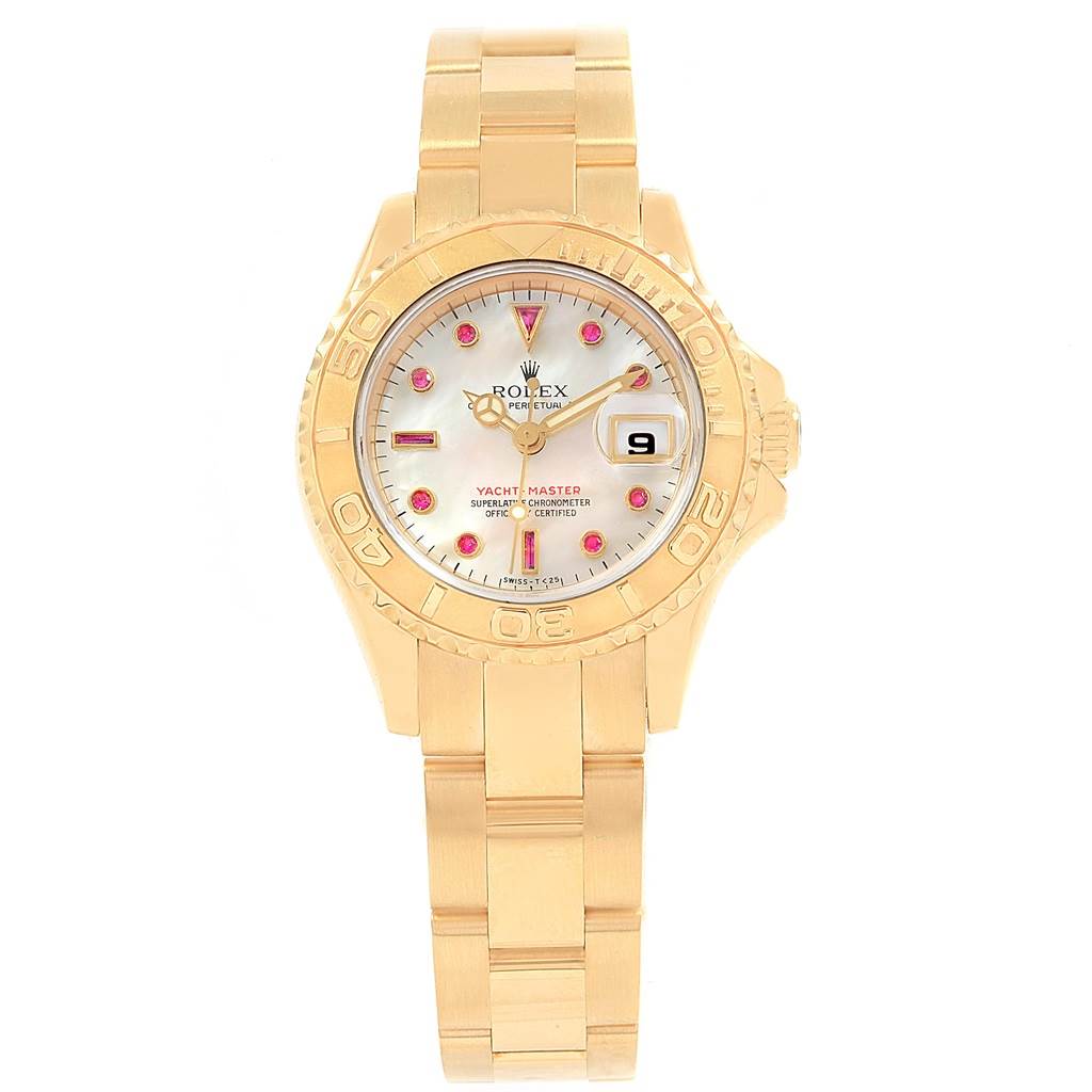 The image shows a front view of the Rolex Yacht-Master 69628 Women's Yellow Gold Mother of Pearl Dial 69628 Women's Yellow Gold Mother of Pearl Dial watch, displaying its dial, bezel, and bracelet.