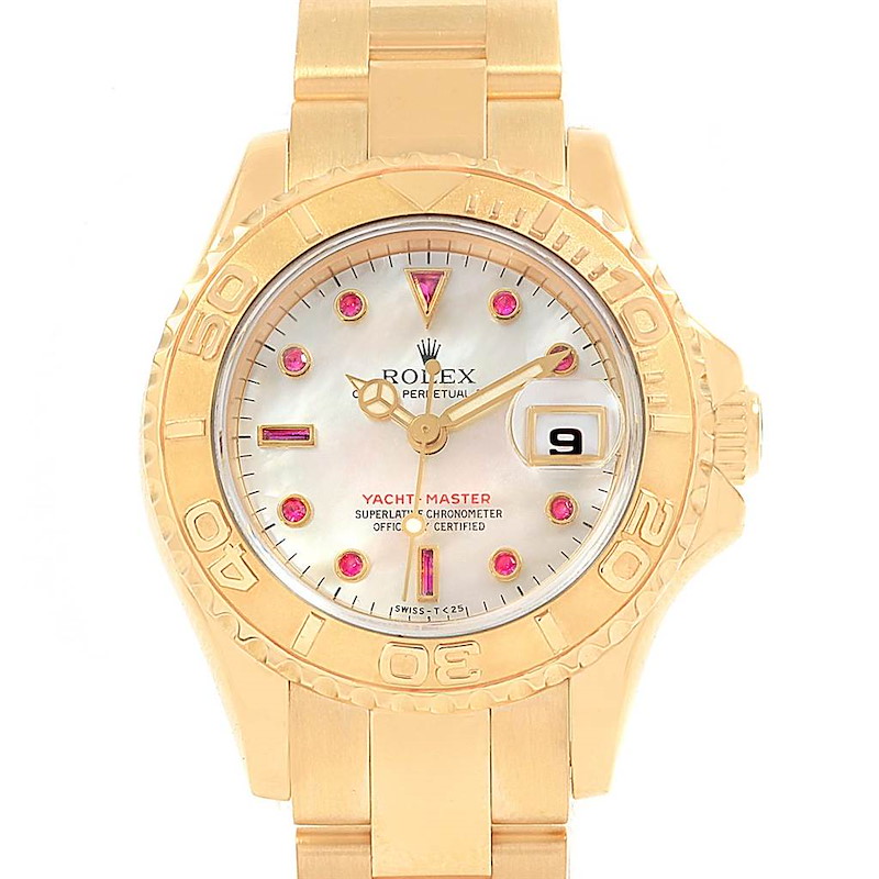 Rolex Yachtmaster 29 Yellow Gold Mother of Pearl Ruby Ladies Watch 69628 SwissWatchExpo