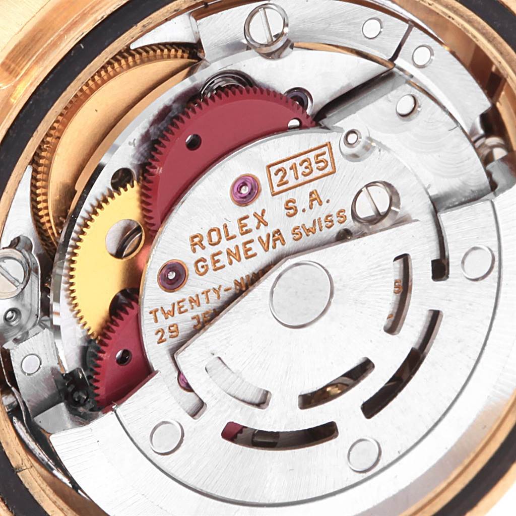 This close-up image shows the internal mechanical components of the Rolex Yacht-Master 69628 Women's Yellow Gold Mother of Pearl Dial 69628 Women's Yellow Gold Mother of Pearl Dial watch.