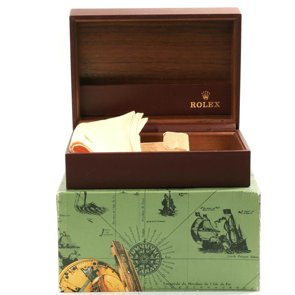 The image shows the open wooden box and outer packaging for the Rolex Yacht-Master 69628 Women's Yellow Gold Mother of Pearl Dial 69628 Women's Yellow Gold Mother of Pearl Dial watch.