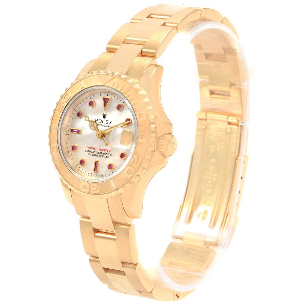 The Rolex Yacht-Master 69628 Women's Yellow Gold Mother of Pearl Dial 69628 Women's Yellow Gold Mother of Pearl Dial watch is shown at a slight angle, displaying the dial, bezel, crown, and bracelet.
