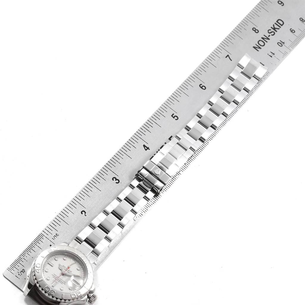 This image shows a Rolex Yacht-Master 169622 Women's Stainless Steel Silver Dial 169622 Women's Stainless Steel Silver Dial watch, including the face and bracelet, measured against a ruler.