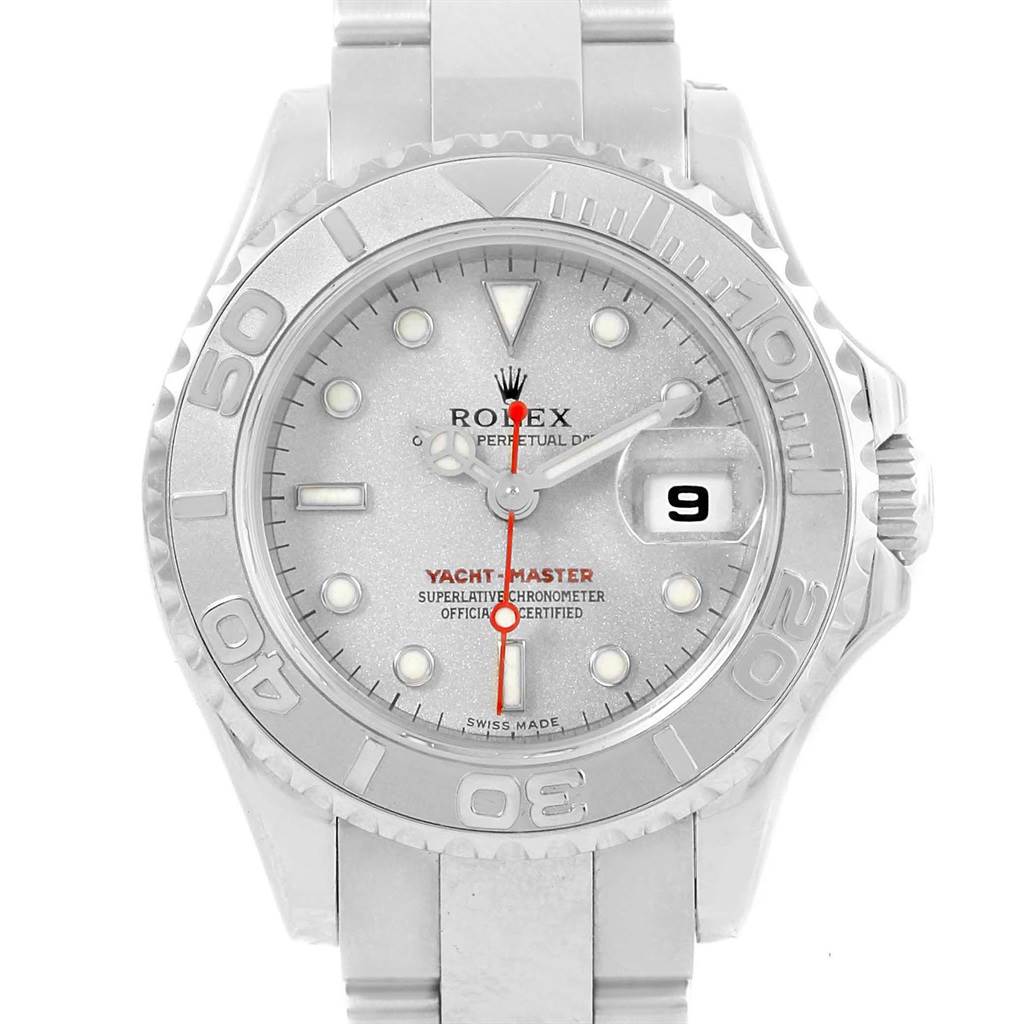 This Rolex Yacht-Master 169622 Women's Stainless Steel Silver Dial 169622 Women's Stainless Steel Silver Dial watch is shown from the front, highlighting its dial, bezel, and bracelet.