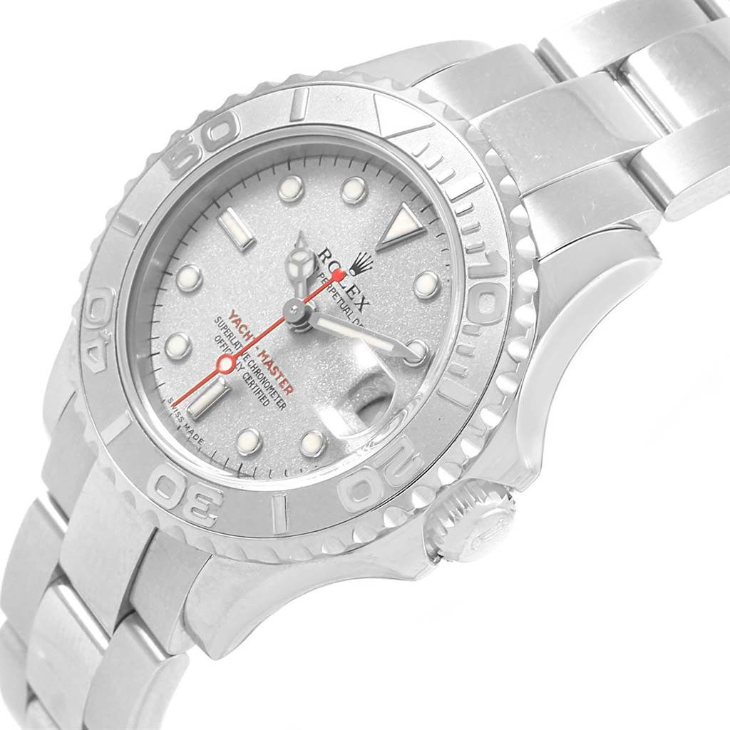 The image shows the Rolex Yacht-Master 169622 Women's Stainless Steel Silver Dial 169622 Women's Stainless Steel Silver Dial watch from a front, slightly tilted angle, displaying the dial, bezel, crown, and part of the bracelet.