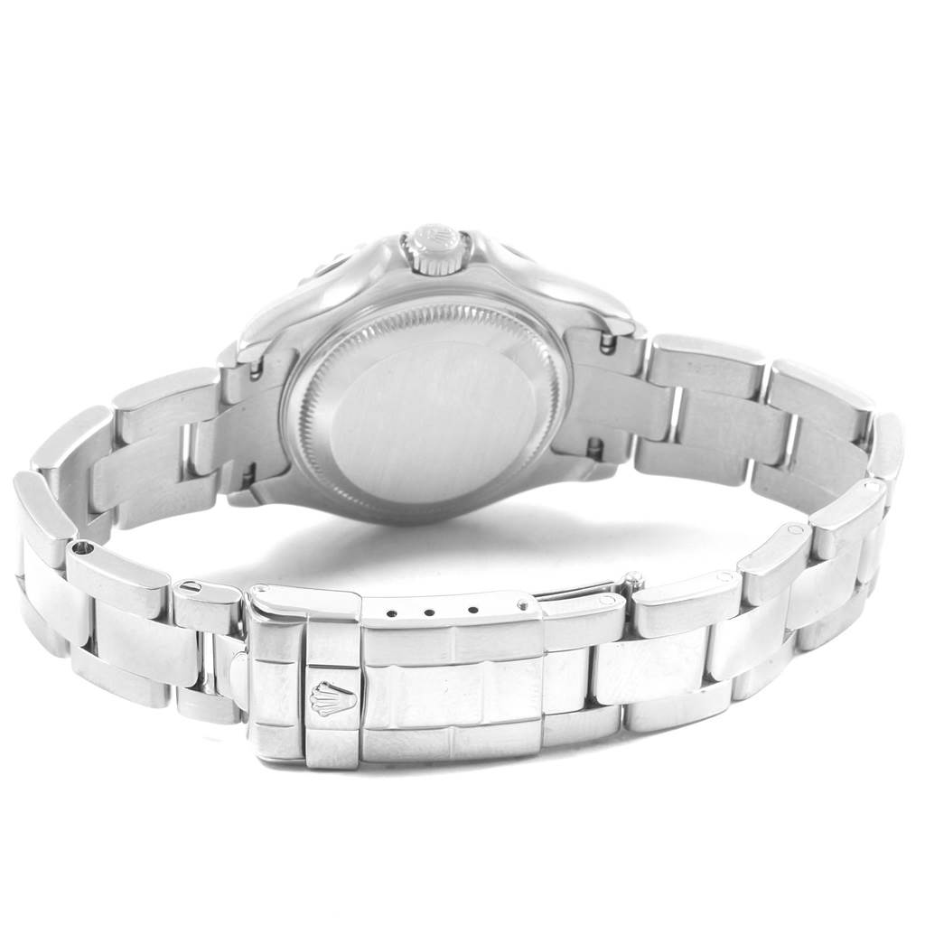 The image shows the back of the Rolex Yacht-Master 169622 Women's Stainless Steel Silver Dial 169622 Women's Stainless Steel Silver Dial watch, highlighting its stainless steel bracelet and clasp.