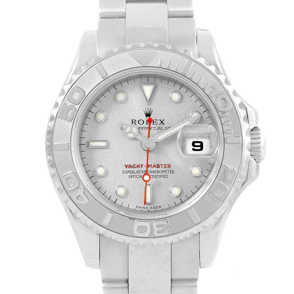 The Rolex Yacht-Master 169622 Women's Stainless Steel Silver Dial 169622 Women's Stainless Steel Silver Dial watch is shown from a front angle, displaying its dial, bezel, and a segment of the bracelet.