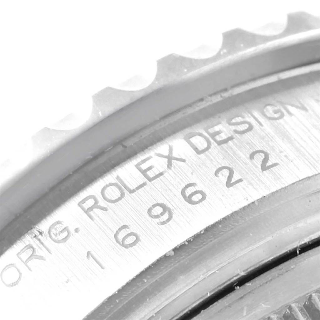The image shows a close-up of the bezel and case back of the Rolex Yacht-Master 169622 Women's Stainless Steel Silver Dial 169622 Women's Stainless Steel Silver Dial watch, highlighting the model number.