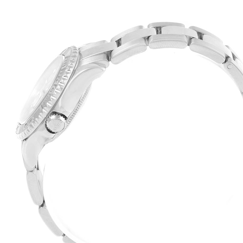 The image shows a side view of a Rolex Yacht-Master 169622 Women's Stainless Steel Silver Dial 169622 Women's Stainless Steel Silver Dial watch, highlighting the watch case, crown, and bracelet.