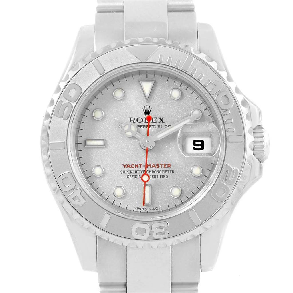 The image shows a front view of a Rolex Yacht-Master 169622 Women's Stainless Steel Silver Dial 169622 Women's Stainless Steel Silver Dial watch, highlighting its dial, date window, bezel, and bracelet.