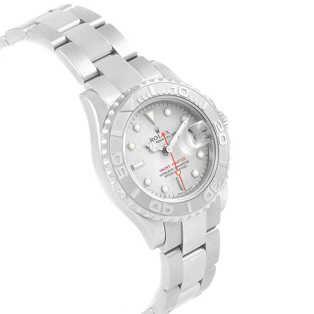 This image shows a Rolex Yacht-Master 169622 Women's Stainless Steel Silver Dial 169622 Women's Stainless Steel Silver Dial watch at an angled top view, highlighting the dial, bezel, and bracelet.