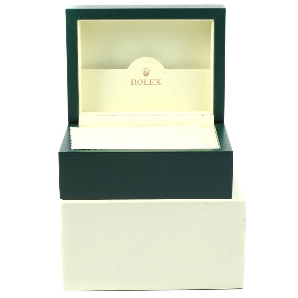 This image shows an open, empty Rolex Yacht-Master 169622 Women's Stainless Steel Silver Dial 169622 Women's Stainless Steel Silver Dial watch box from a front angle.