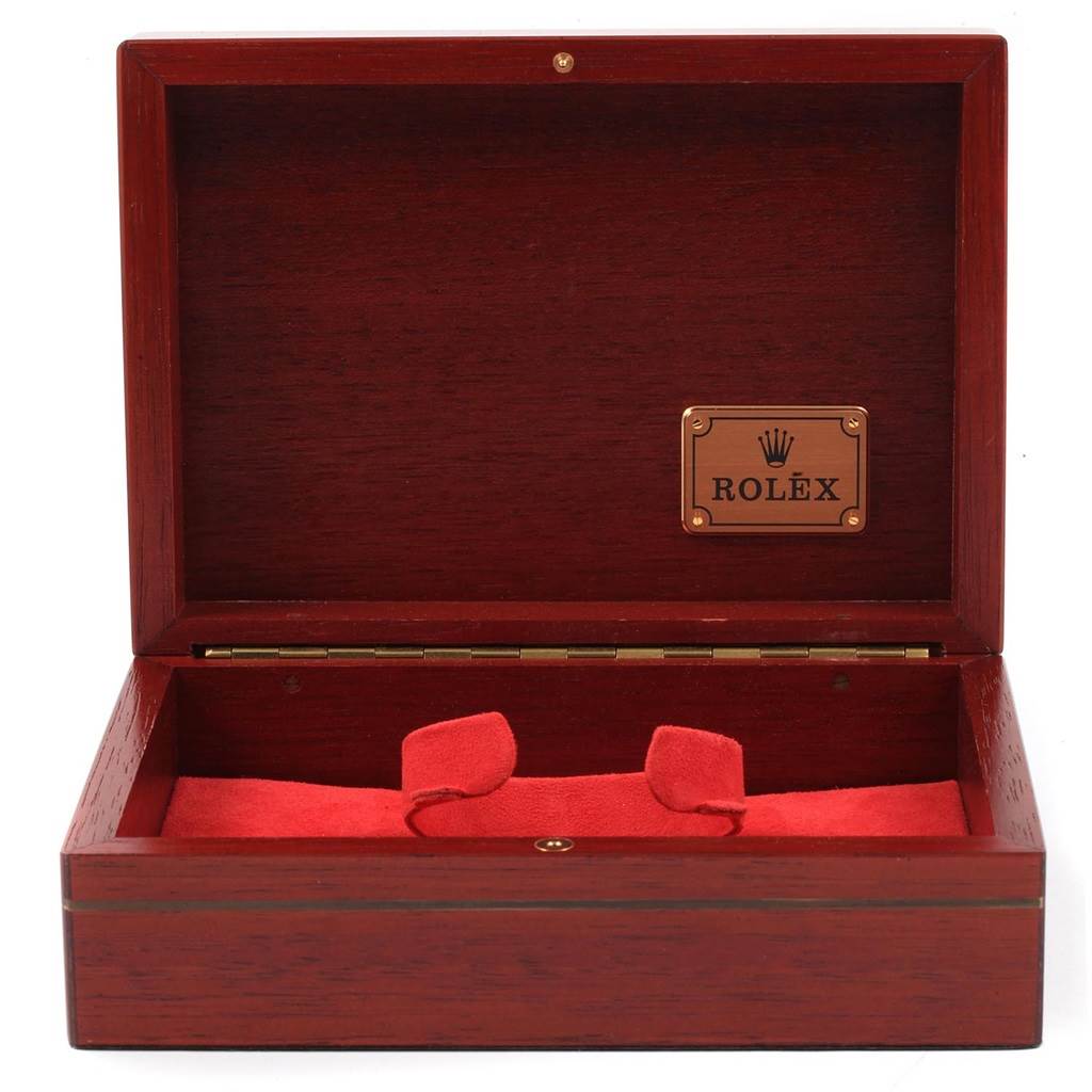 The image shows an open wooden display box for the Rolex Yacht-Master 69628 Women's Yellow Gold White Dial 69628 Women's Yellow Gold White Dial watch, with red interior lining and a brass nameplate.