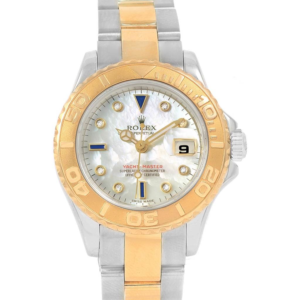 The image shows a front view of the Rolex Yacht-Master 169623 Women's Steel and Gold (two tone) Mother of Pearl Dial 169623 Women's Steel and Gold (two tone) Mother of Pearl Dial watch, highlighting its dial, bezel, and bracelet.