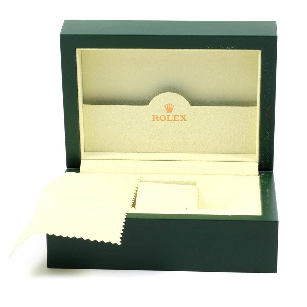 Open box for a Rolex Yacht-Master 169623 Women's Steel and Gold (two tone) Mother of Pearl Dial 169623 Women's Steel and Gold (two tone) Mother of Pearl Dial watch, showing interior compartments and a polishing cloth.