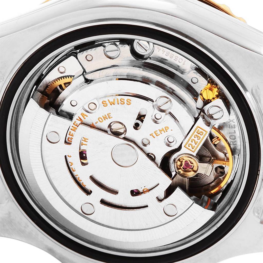 This image shows a close-up of the movement mechanism of a Rolex Yacht-Master 169623 Women's Steel and Gold (two tone) Mother of Pearl Dial 169623 Women's Steel and Gold (two tone) Mother of Pearl Dial watch.