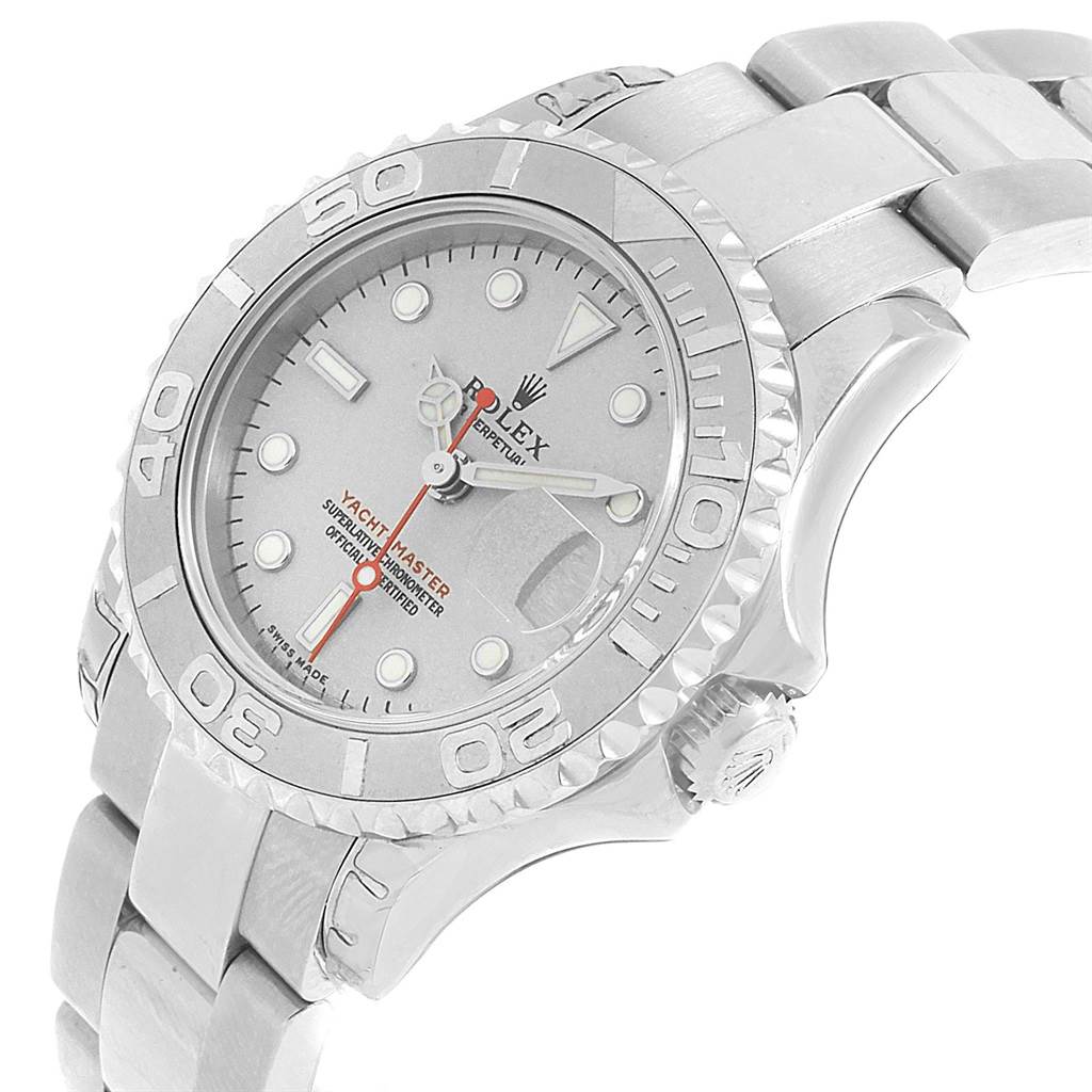 The image shows a close-up, angled view of a Rolex Yacht-Master 169622 Women's Stainless Steel Silver Dial 169622 Women's Stainless Steel Silver Dial watch, highlighting the dial, bezel, bracelet, and crown.
