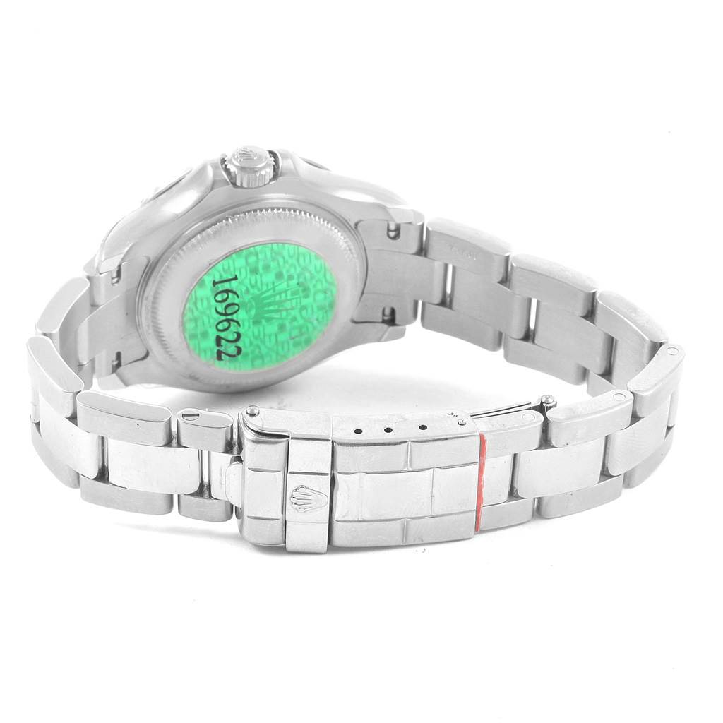 The image shows the back view and clasp of the Rolex Yacht-Master 169622 Women's Stainless Steel Silver Dial 169622 Women's Stainless Steel Silver Dial watch, with a green sticker on the case back.