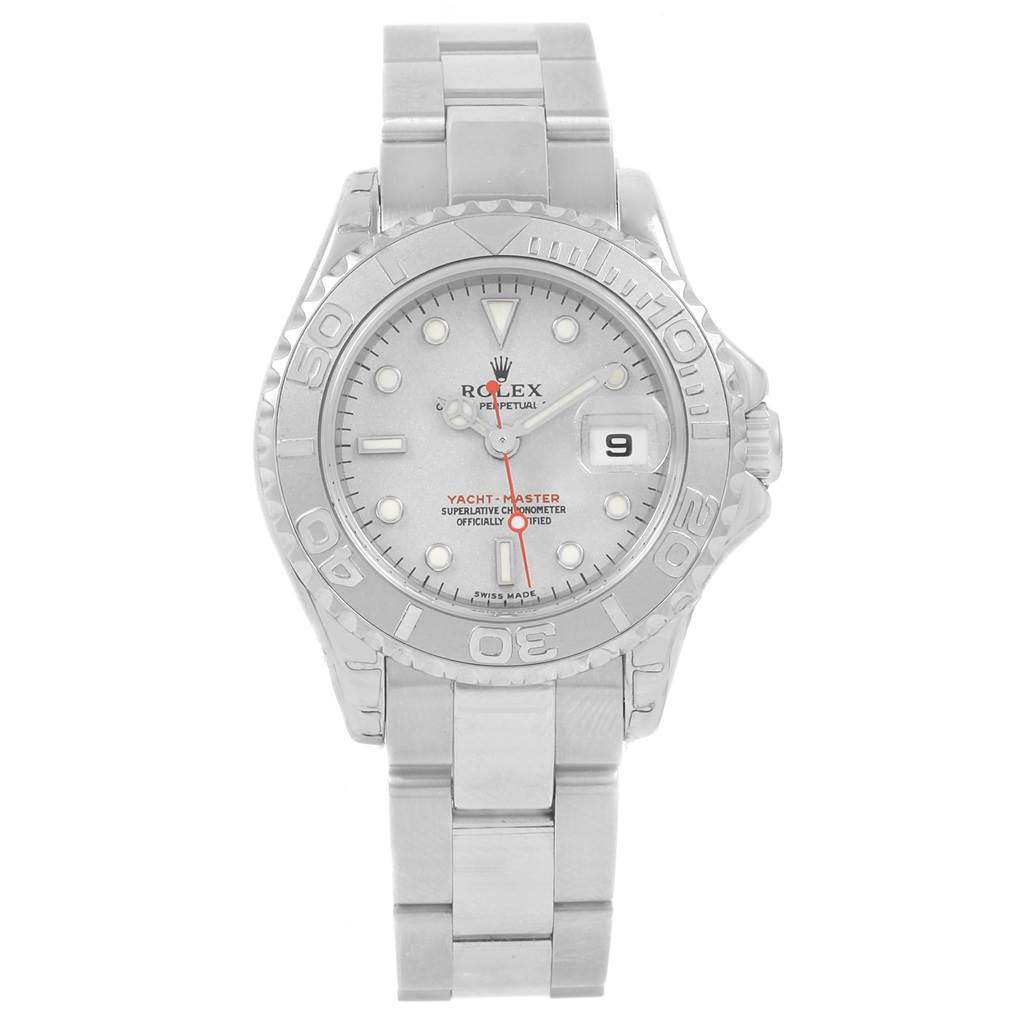 The image shows a front view of a Rolex Yacht-Master 169622 Women's Stainless Steel Silver Dial 169622 Women's Stainless Steel Silver Dial watch, displaying its face, bezel, and bracelet.