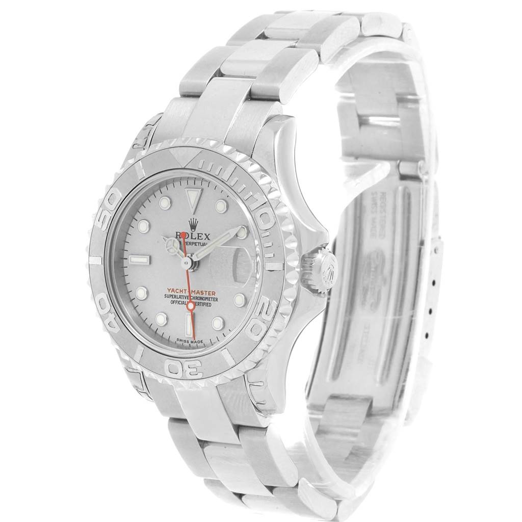 The Rolex Yacht-Master 169622 Women's Stainless Steel Silver Dial 169622 Women's Stainless Steel Silver Dial watch is shown at a slight angle, displaying the face, bezel, crown, and bracelet.