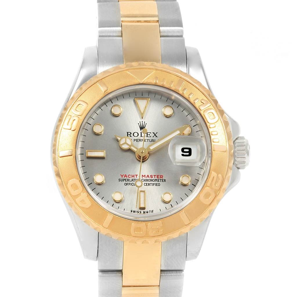 The image shows a frontal view of a Rolex Yacht-Master 169623 Men
s Steel and Gold (two tone) Grey Dial 169623 Men
s Steel and Gold (two tone) Grey Dial watch, highlighting its gold bezel, dial, and two-tone bracelet.