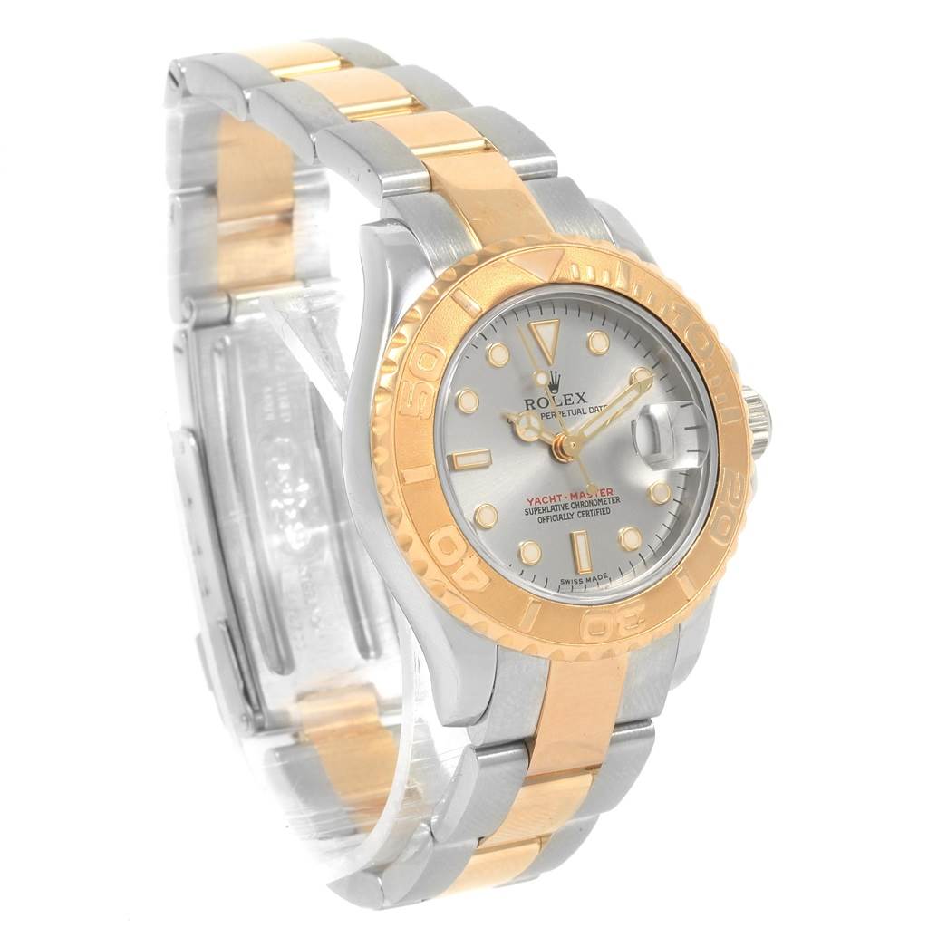 This image shows a Rolex Yacht-Master 169623 Men
s Steel and Gold (two tone) Grey Dial 169623 Men
s Steel and Gold (two tone) Grey Dial watch at a three-quarter view, highlighting the face, bezel, and dual-tone bracelet.