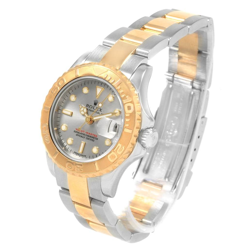The Rolex Yacht-Master 169623 Men
s Steel and Gold (two tone) Grey Dial 169623 Men
s Steel and Gold (two tone) Grey Dial watch is shown at a three-quarter angle, highlighting its dial, bracelet, bezel, and crown.