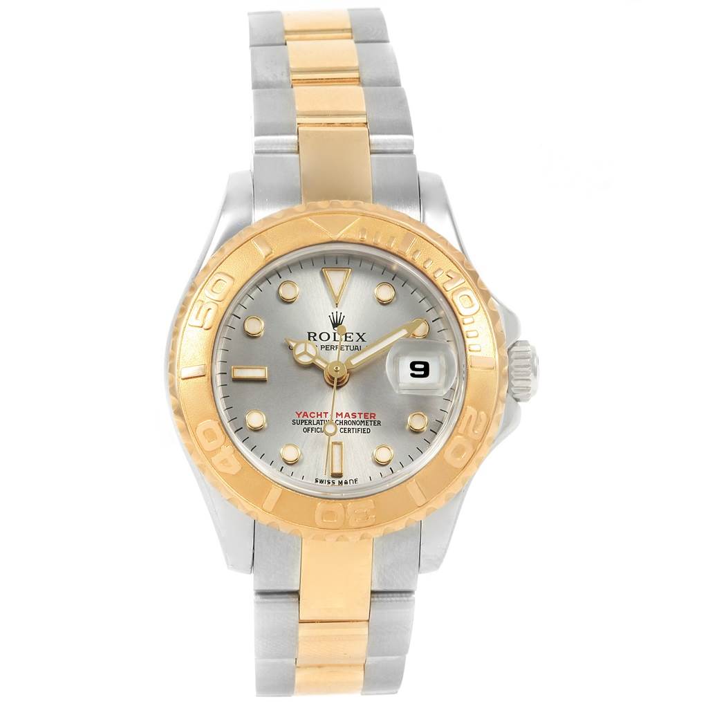 The image showcases a frontal view of the Rolex Yacht-Master 169623 Men
s Steel and Gold (two tone) Grey Dial 169623 Men
s Steel and Gold (two tone) Grey Dial watch, featuring its dial, bezel, and bracelet.