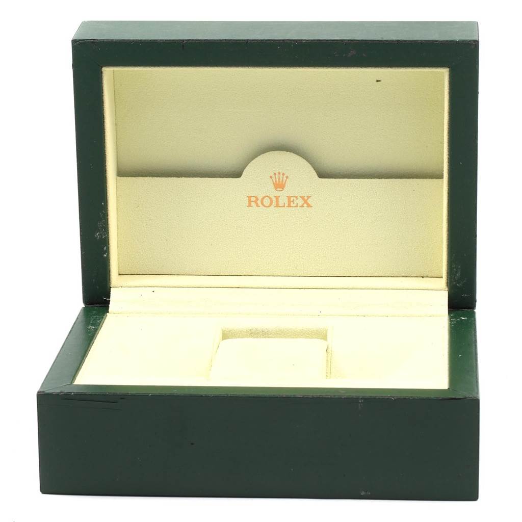 The image shows an open green Rolex Yacht-Master 169623 Men
s Steel and Gold (two tone) Grey Dial 169623 Men
s Steel and Gold (two tone) Grey Dial watch box with its inner compartment visible.