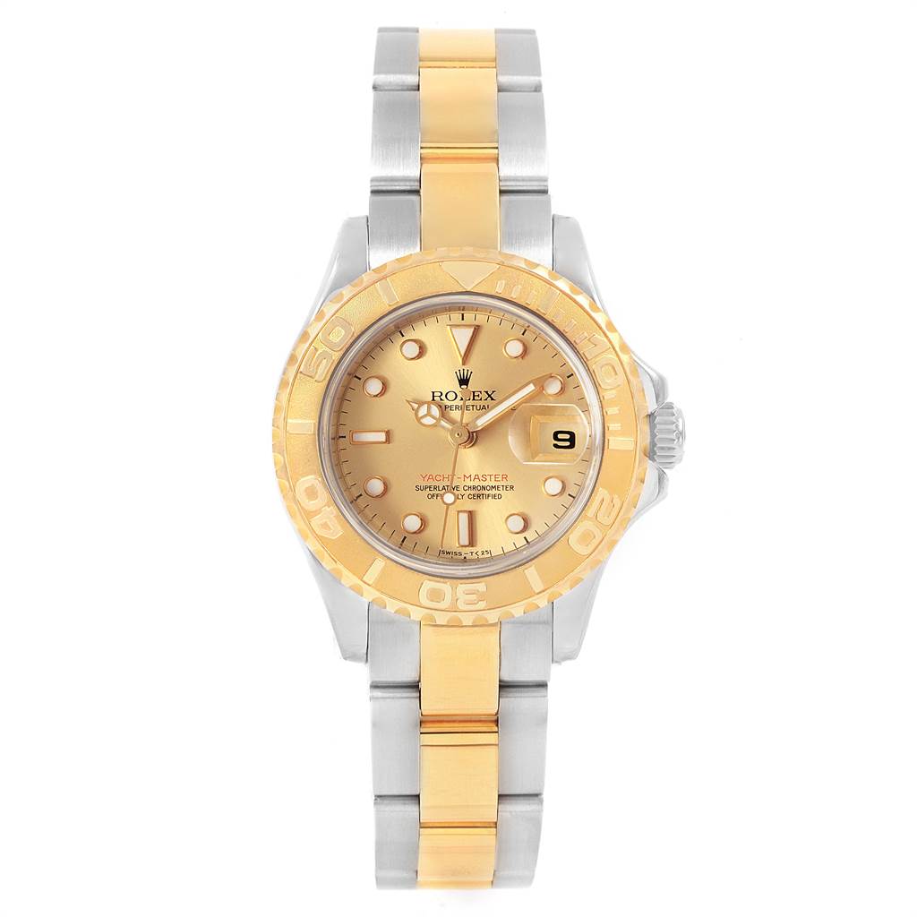 The Rolex Yacht-Master 69623 Women's Steel and Gold (two tone) Grey Dial 69623 Women's Steel and Gold (two tone) Grey Dial watch is shown from the front, highlighting the dial, bezel, and bracelet.