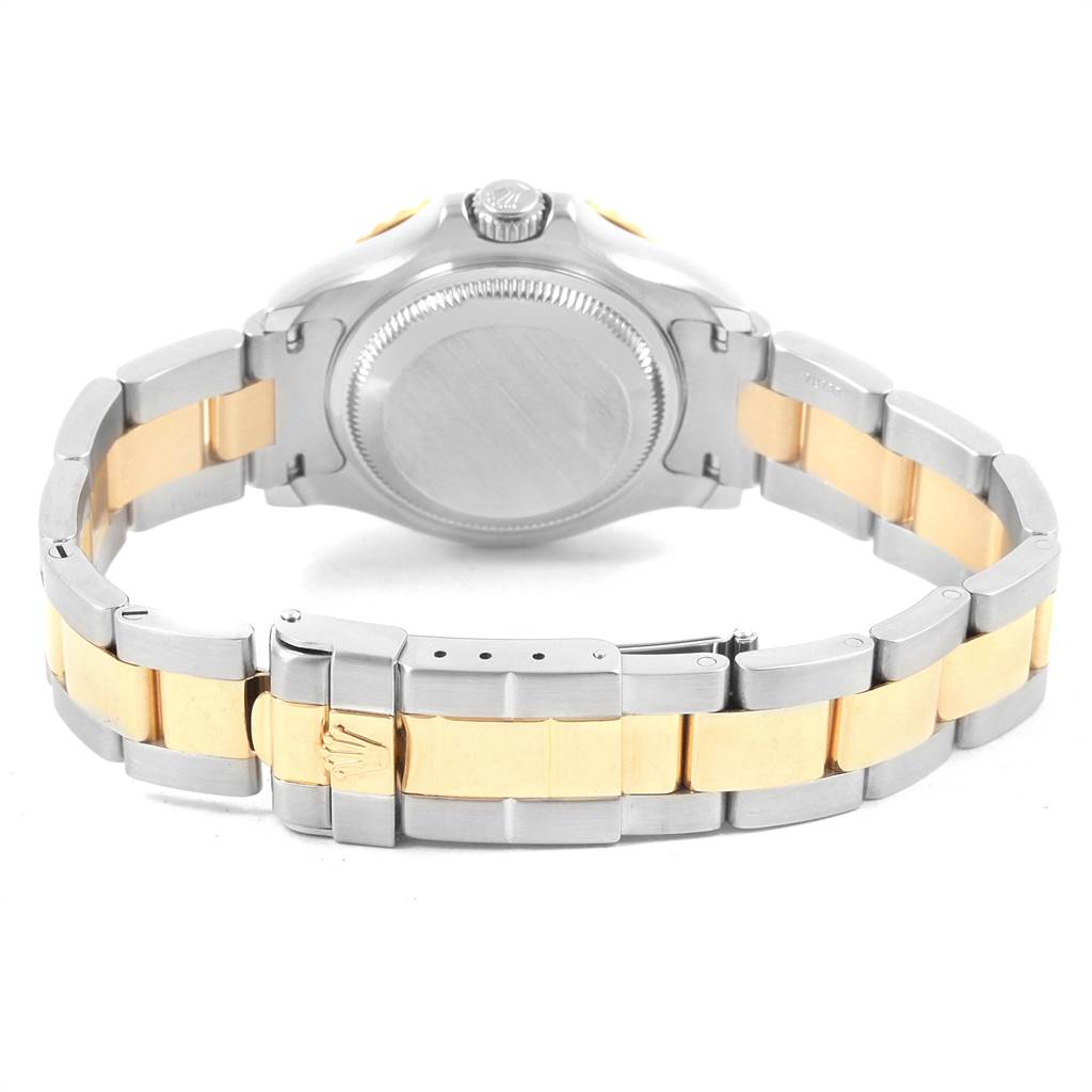 This image shows the Rolex Yacht-Master 69623 Women's Steel and Gold (two tone) Grey Dial 69623 Women's Steel and Gold (two tone) Grey Dial watch from the back, highlighting its bracelet and clasp.