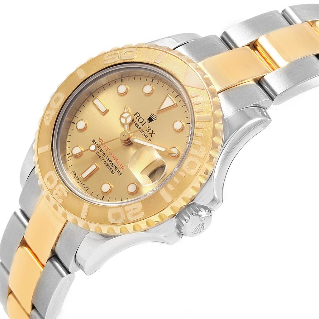 This image shows a close-up angle of the Rolex Yacht-Master 69623 Women's Steel and Gold (two tone) Grey Dial 69623 Women's Steel and Gold (two tone) Grey Dial watch face and bracelet, highlighting the bezel, crown, and center links.