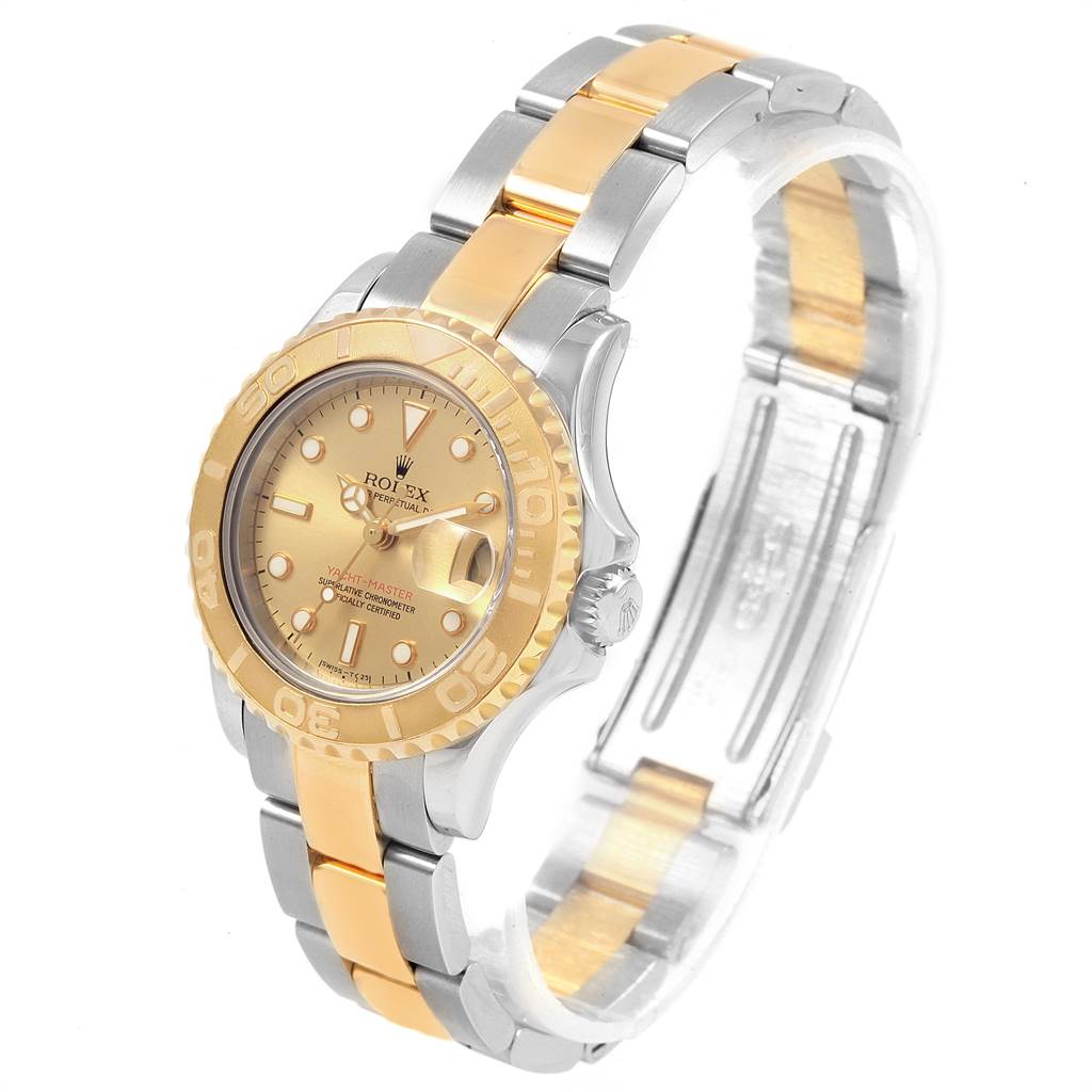 This image shows a Rolex Yacht-Master 69623 Women's Steel and Gold (two tone) Grey Dial 69623 Women's Steel and Gold (two tone) Grey Dial watch, angled to highlight the gold bezel, dial, and two-tone bracelet.