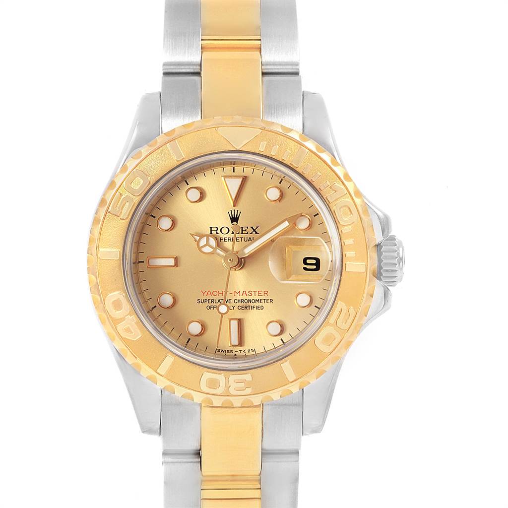 This is a front view of the Rolex Yacht-Master 69623 Women's Steel and Gold (two tone) Grey Dial 69623 Women's Steel and Gold (two tone) Grey Dial watch, showcasing the dial, bezel, and part of the bracelet.