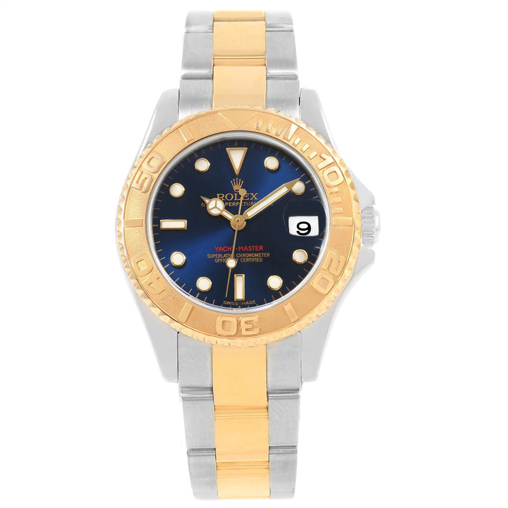 This image shows a front view of a Rolex Yacht-Master 168623 Men
s Steel and Gold (two tone) Blue Dial 168623 Men
s Steel and Gold (two tone) Blue Dial watch, highlighting its bezel, dial, and bracelet.