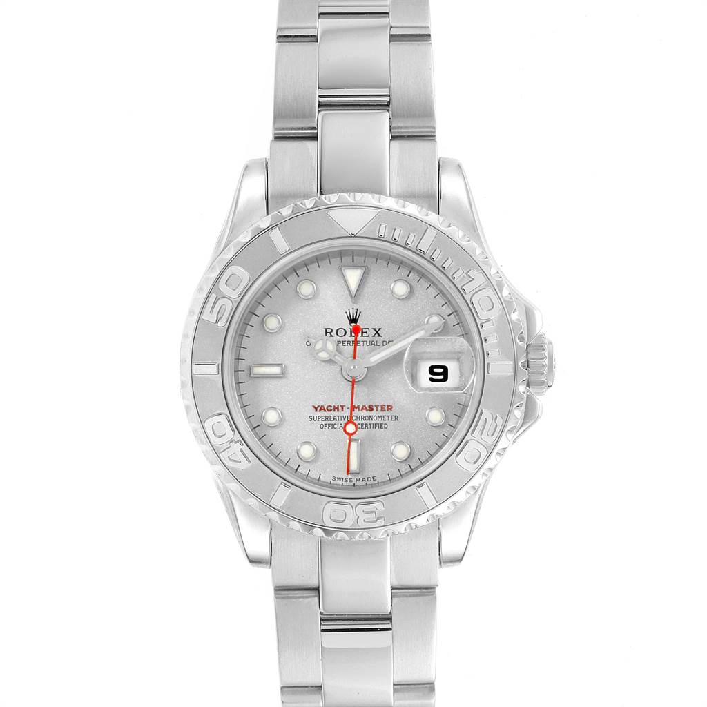 This image shows a Rolex Yacht-Master 169622 Women
s Stainless Steel Silver Dial 169622 Women
s Stainless Steel Silver Dial watch from a top-down angle, highlighting its face, bezel, case, and bracelet.