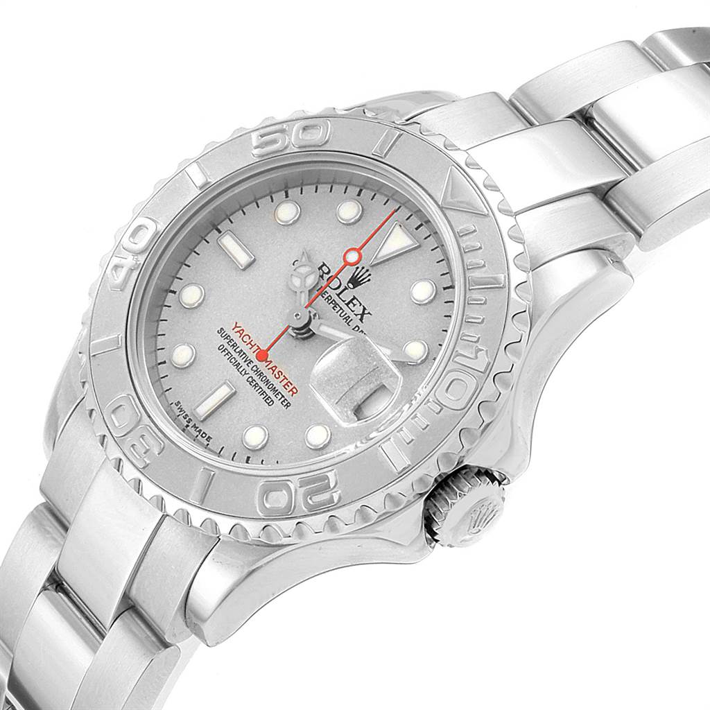 The Rolex Yacht-Master 169622 Women
s Stainless Steel Silver Dial 169622 Women
s Stainless Steel Silver Dial watch is shown at an angled top-down view, highlighting the bezel, dial, crown, and part of the bracelet.