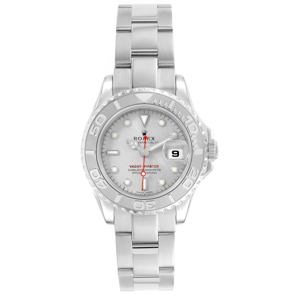 This image shows a Rolex Yacht-Master 169622 Women
s Stainless Steel Silver Dial 169622 Women
s Stainless Steel Silver Dial watch, featuring a silver dial, bezel, and stainless steel bracelet, viewed from the front.