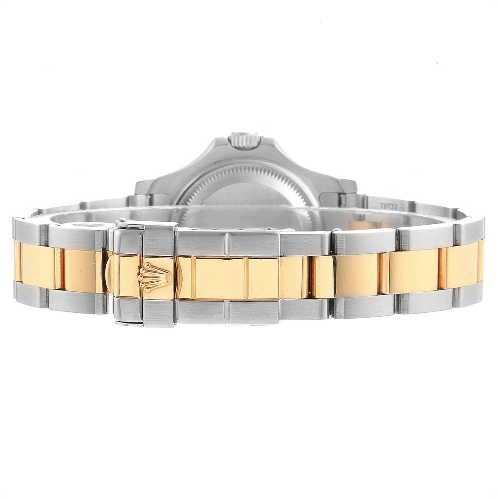 This image shows the clasp and band of a Rolex Yacht-Master 69623 Women's Steel and Gold (two tone) Blue Dial 69623 Women's Steel and Gold (two tone) Blue Dial watch, viewed from the back.