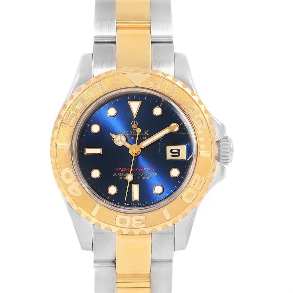 The image displays a Rolex Yacht-Master 69623 Women's Steel and Gold (two tone) Blue Dial 69623 Women's Steel and Gold (two tone) Blue Dial watch, showing its face, bezel, crown, and part of the bracelet in a front view.